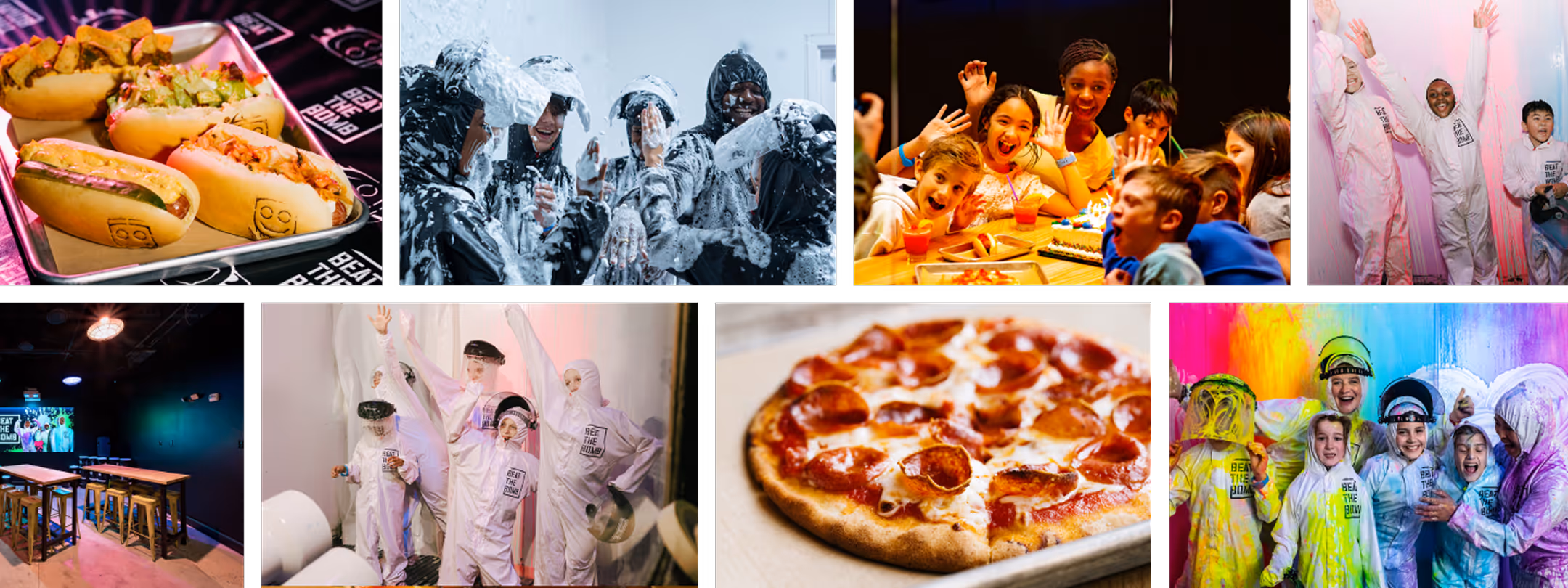 Kids in hazmat suits celebrating a birthday party at Beat The Bomb